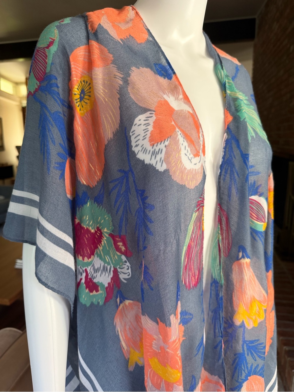 Floral Sheer Kimono in Slate Gray with Coral & Blue Blooms